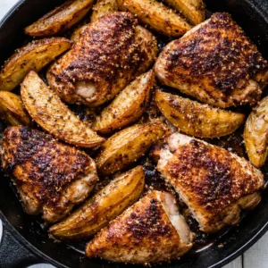 Crispy roasted potatoes and golden chicken thighs coated in garlic and parmesan, fresh herbs scattered on top.