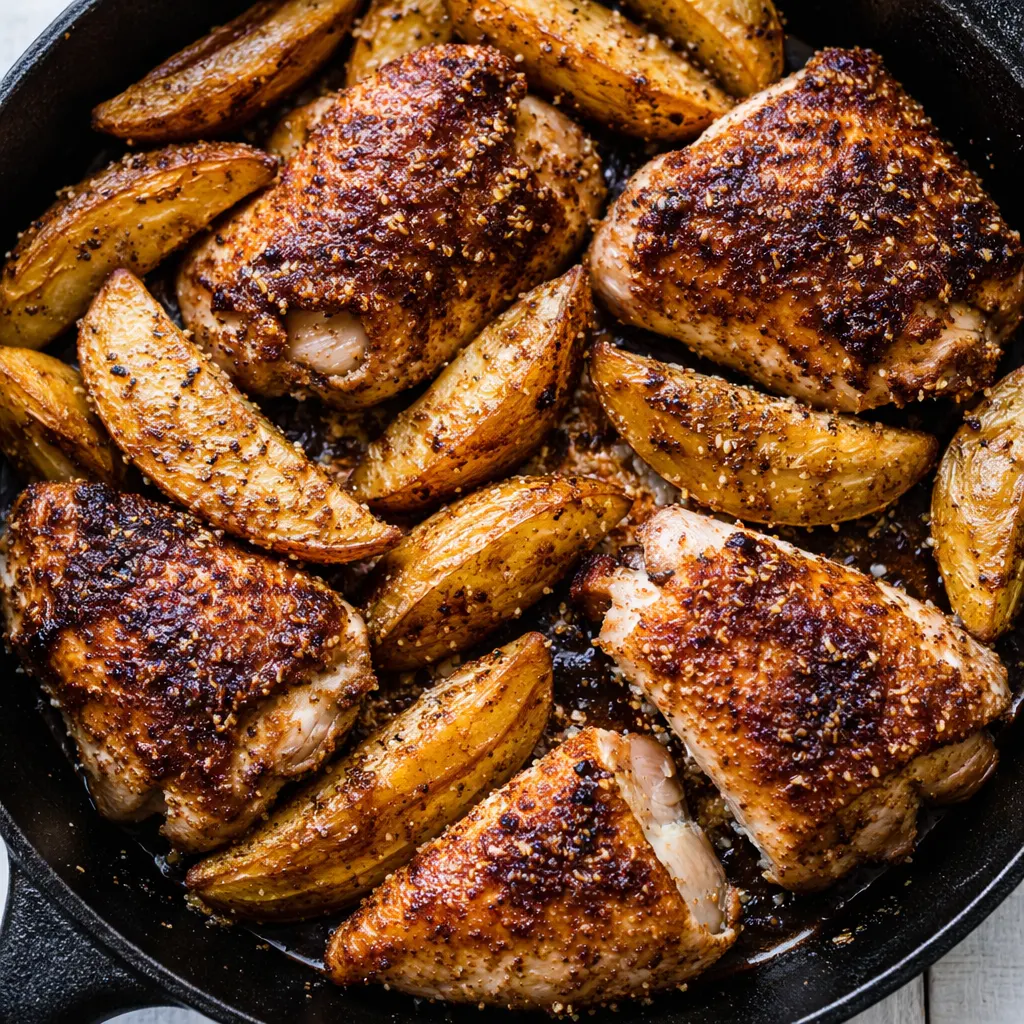 Crispy roasted potatoes and golden chicken thighs coated in garlic and parmesan, fresh herbs scattered on top.