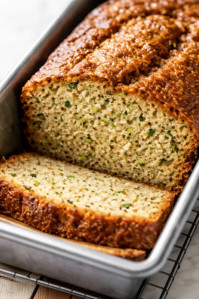 Moist gluten free zucchini bread slice with visible green zucchini bits and golden brown crust on a white plate, not dense or gritty texture