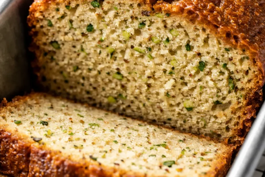 Moist gluten free zucchini bread slice with visible green zucchini bits and golden brown crust on a white plate, not dense or gritty texture