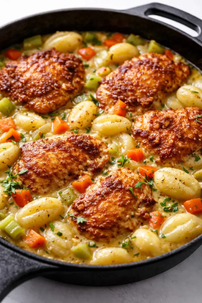 Creamy one-pot gnocchi chicken pot pie with tender gnocchi, chicken, vegetables, and a flaky golden crust.