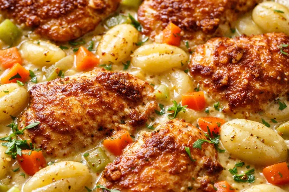 Creamy one-pot gnocchi chicken pot pie with tender gnocchi, chicken, vegetables, and a flaky golden crust.