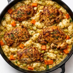 One pot gnocchi chicken pot pie simmering on stove, creamy sauce coating gnocchi and chicken with carrots and peas.