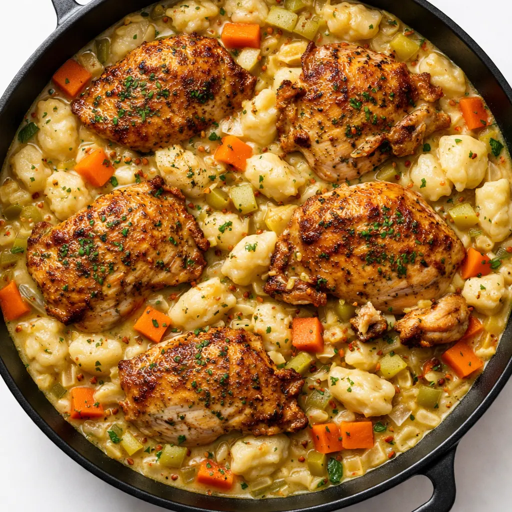 One pot gnocchi chicken pot pie simmering on stove, creamy sauce coating gnocchi and chicken with carrots and peas.
