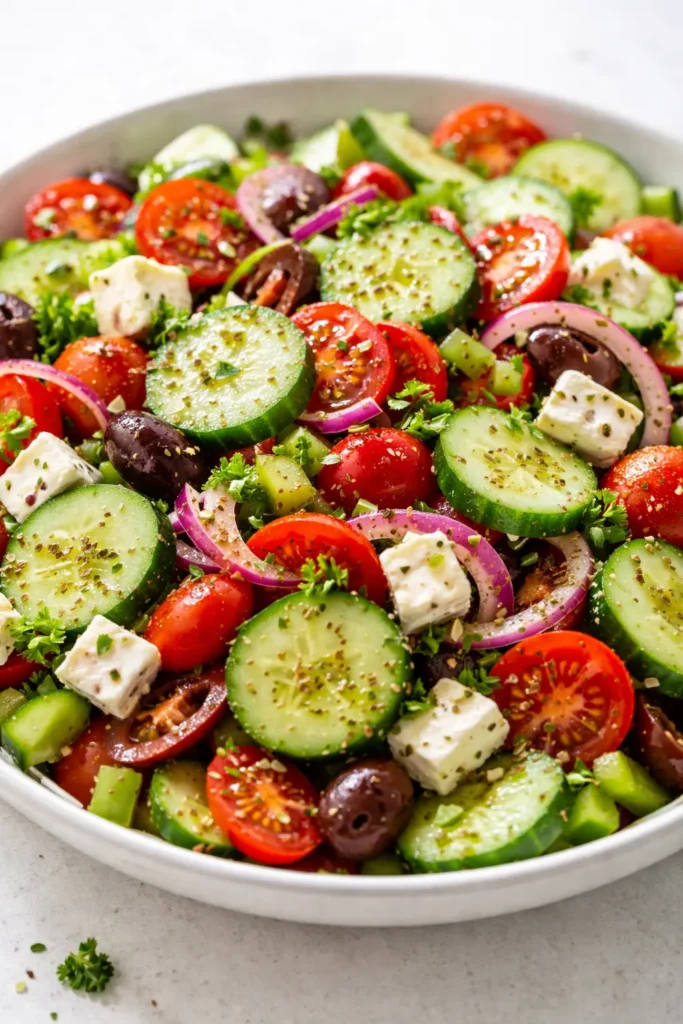 Fresh Greek cucumber salad with crisp cucumbers, cherry tomatoes, red onion, and feta cheese in a light dressing.