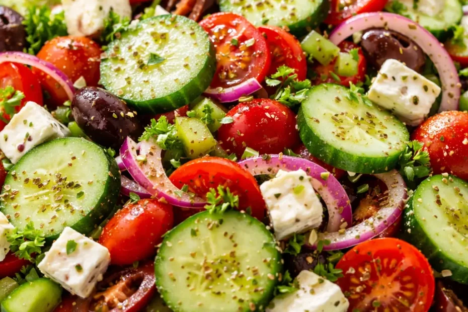 Fresh Greek cucumber salad with crisp cucumbers, cherry tomatoes, red onion, and feta cheese in a light dressing.