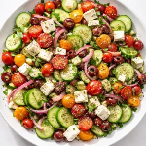 Sliced cucumbers and cherry tomatoes tossed with feta, olives, and fresh dill for a crisp Greek cucumber salad.