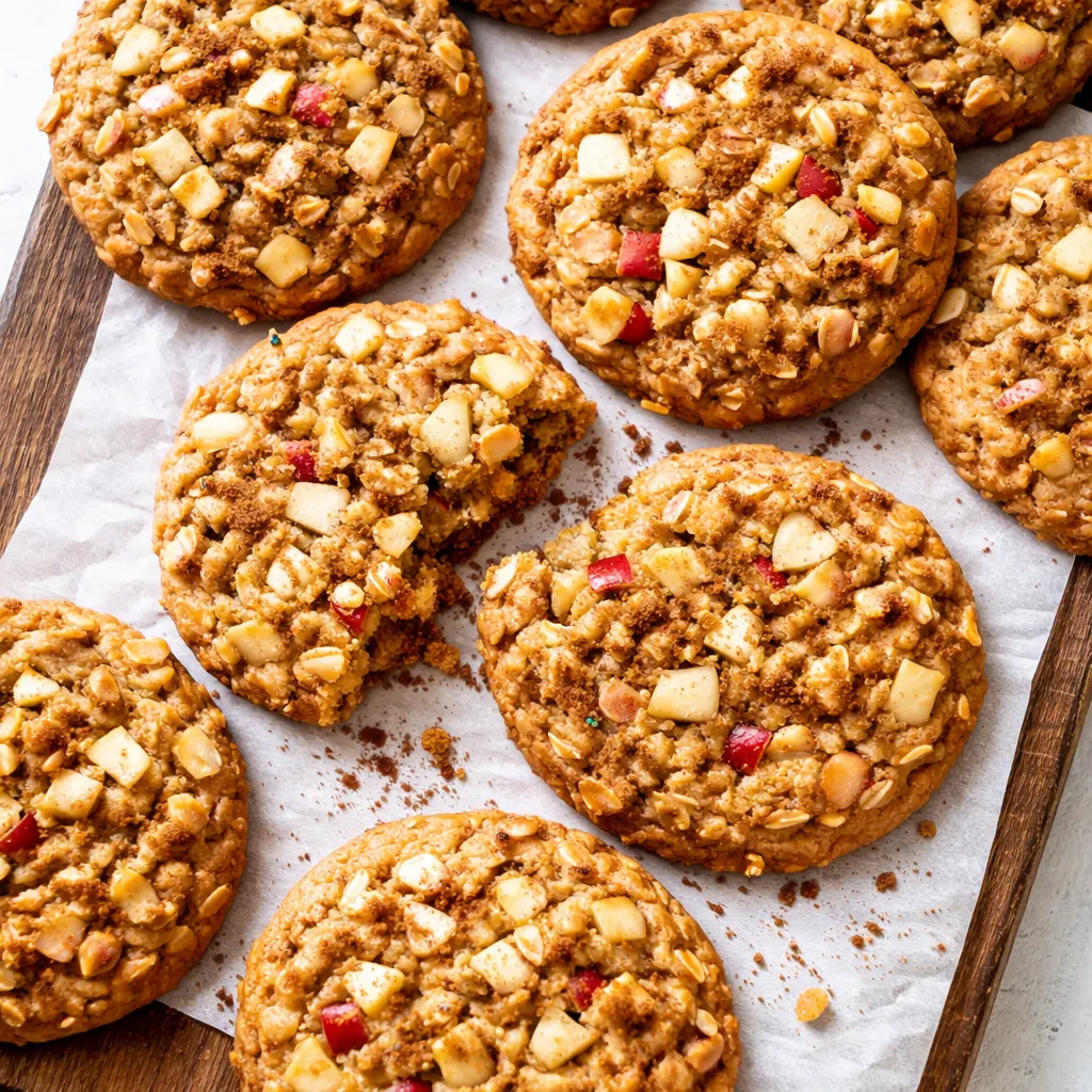 Golden brown healthy apple pie oatmeal cookies with soft oats and visible apple pieces, sprinkled with cinnamon.