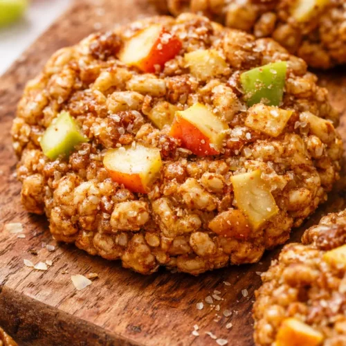 Golden brown healthy apple pie oatmeal cookies with crispy edges, chewy center, and apple chunks, drizzled with caramel.
