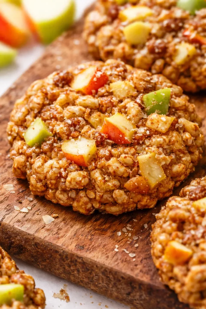 Golden brown healthy apple pie oatmeal cookies with crispy edges, chewy center, and apple chunks, drizzled with caramel.