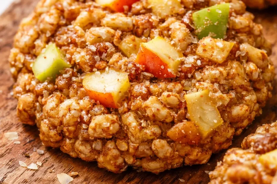 Golden brown healthy apple pie oatmeal cookies with crispy edges, chewy center, and apple chunks, drizzled with caramel.
