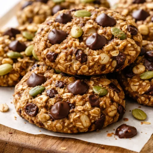Golden brown healthy breakfast cookie with oats, raisins, and walnuts on a rustic plate, soft and chewy texture.