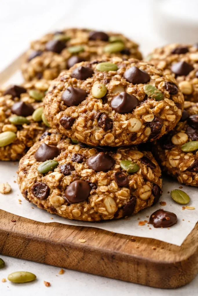 Golden brown healthy breakfast cookie with oats, raisins, and walnuts on a rustic plate, soft and chewy texture.