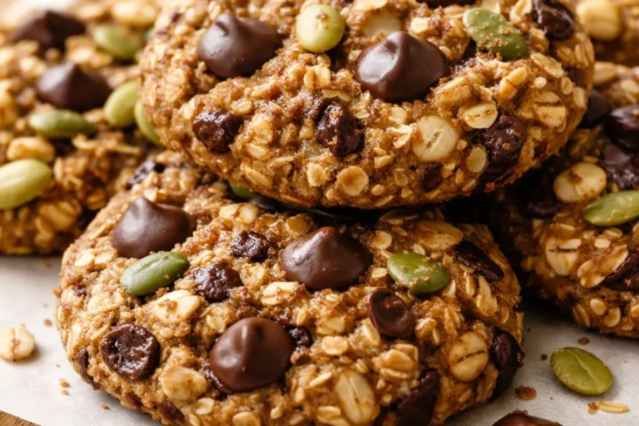 Golden brown healthy breakfast cookie with oats, raisins, and walnuts on a rustic plate, soft and chewy texture.