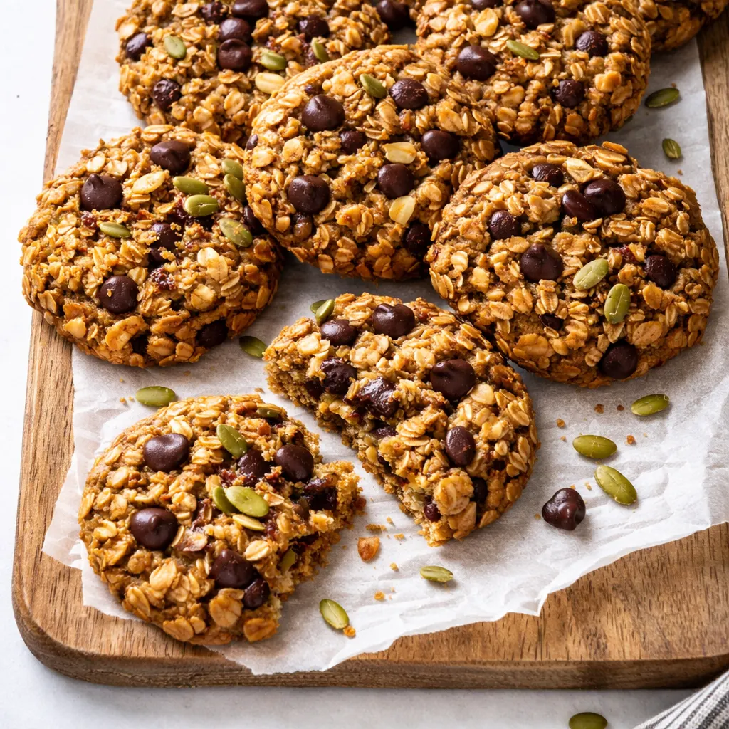 Healthy breakfast cookie dough being scooped onto a baking sheet, with visible oats and dark chocolate chips.