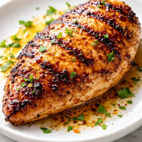 Juicy golden chicken breasts marinated in a healthy herb marinade, with caramelized edges and fresh parsley garnish.