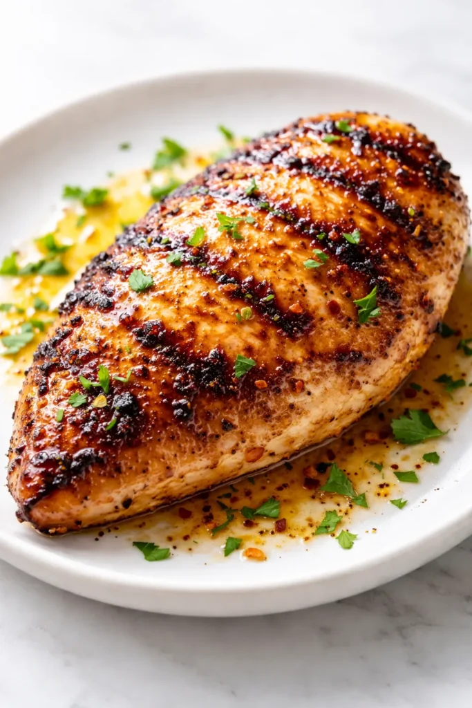 Juicy golden chicken breasts marinated in a healthy herb marinade, with caramelized edges and fresh parsley garnish.