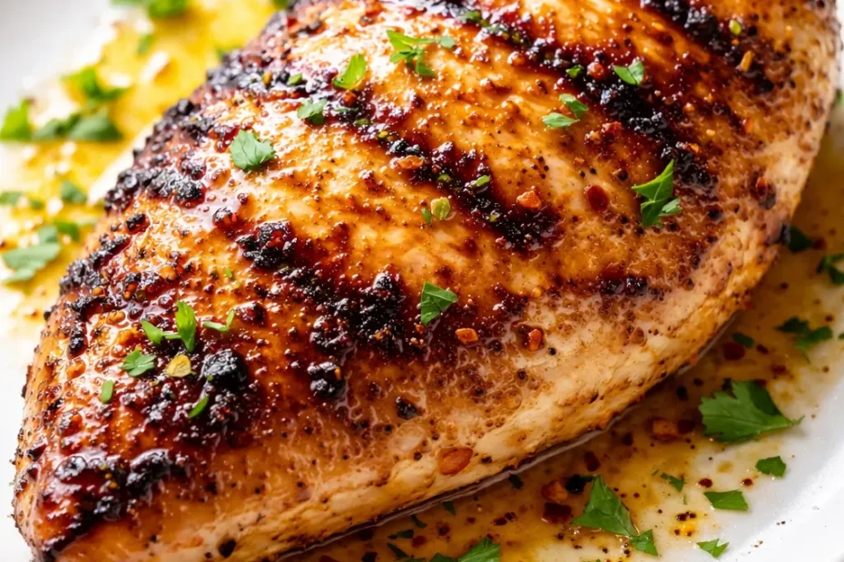 Juicy golden chicken breasts marinated in a healthy herb marinade, with caramelized edges and fresh parsley garnish.