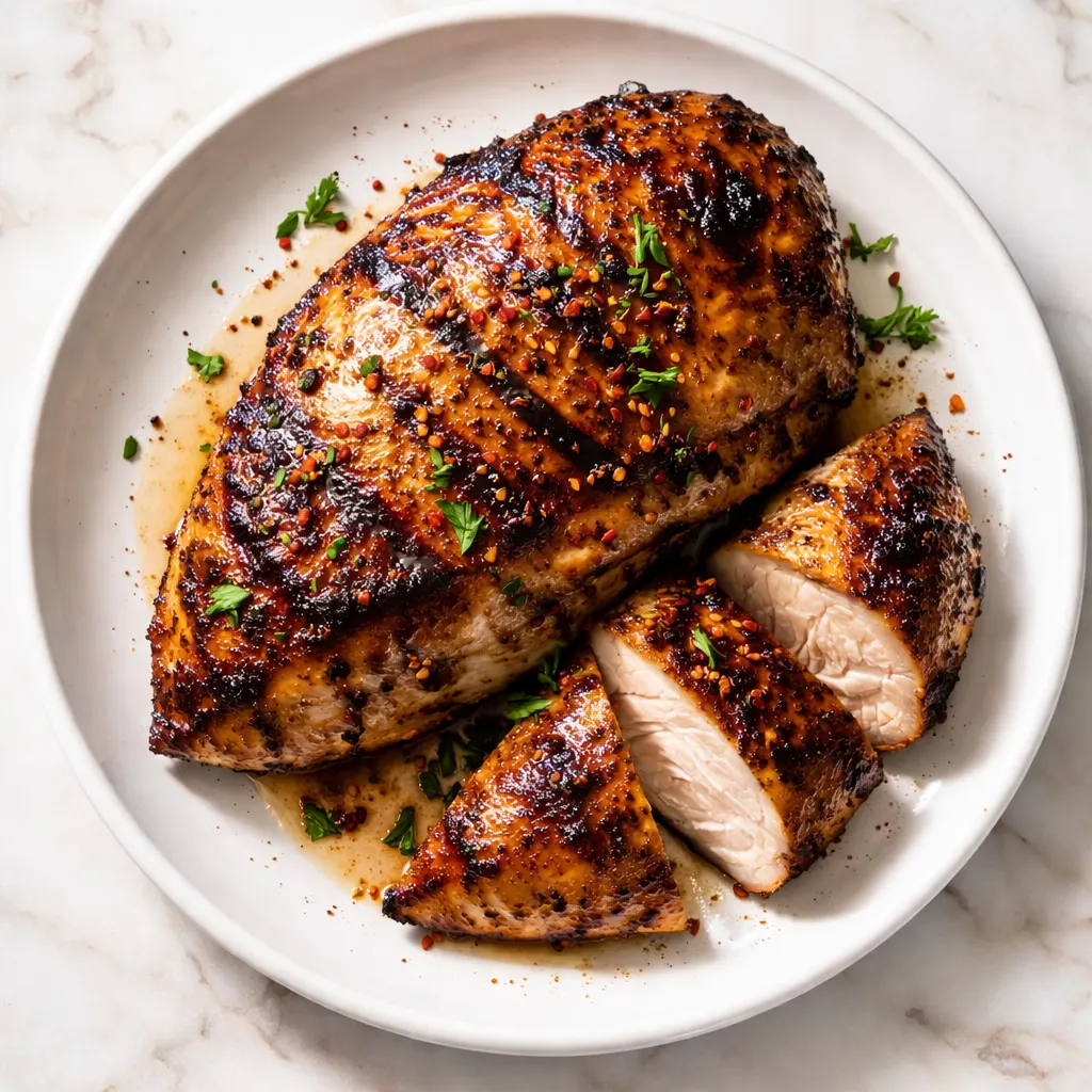 Golden chicken thighs marinating in a zesty herb and lemon mixture in a glass bowl.