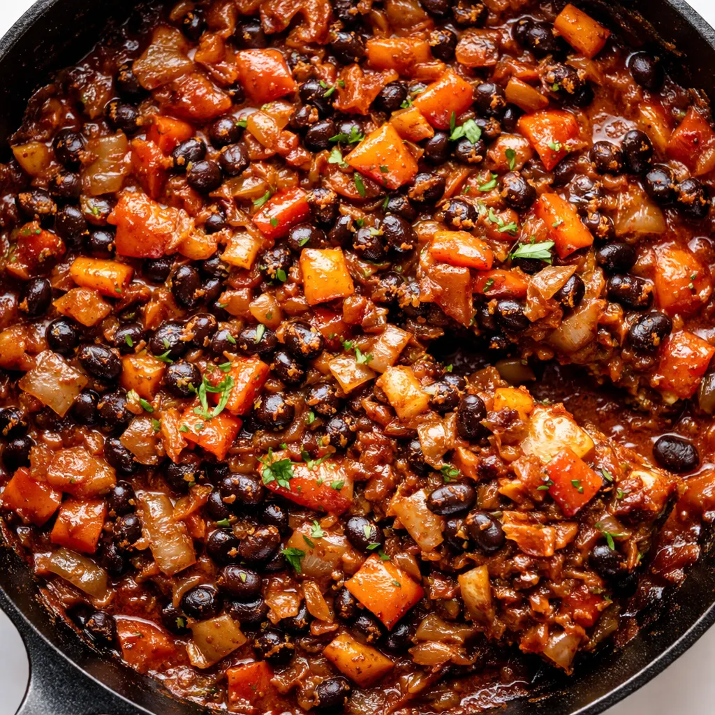 Hearty healthy enchilada skillet with ground chicken, beans, corn, and melted cheese, garnished with cilantro and avocado. Saucy red filling.