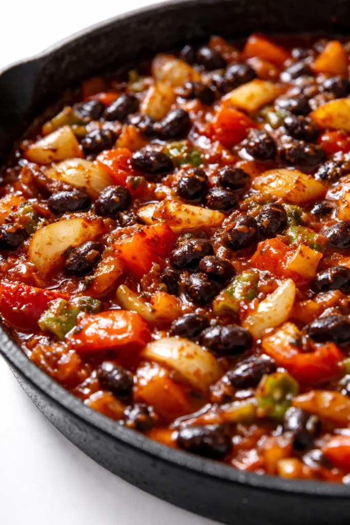 Healthy enchilada skillet with melted cheese, black beans, and fresh cilantro in a cast iron pan, topped with avocado slices.