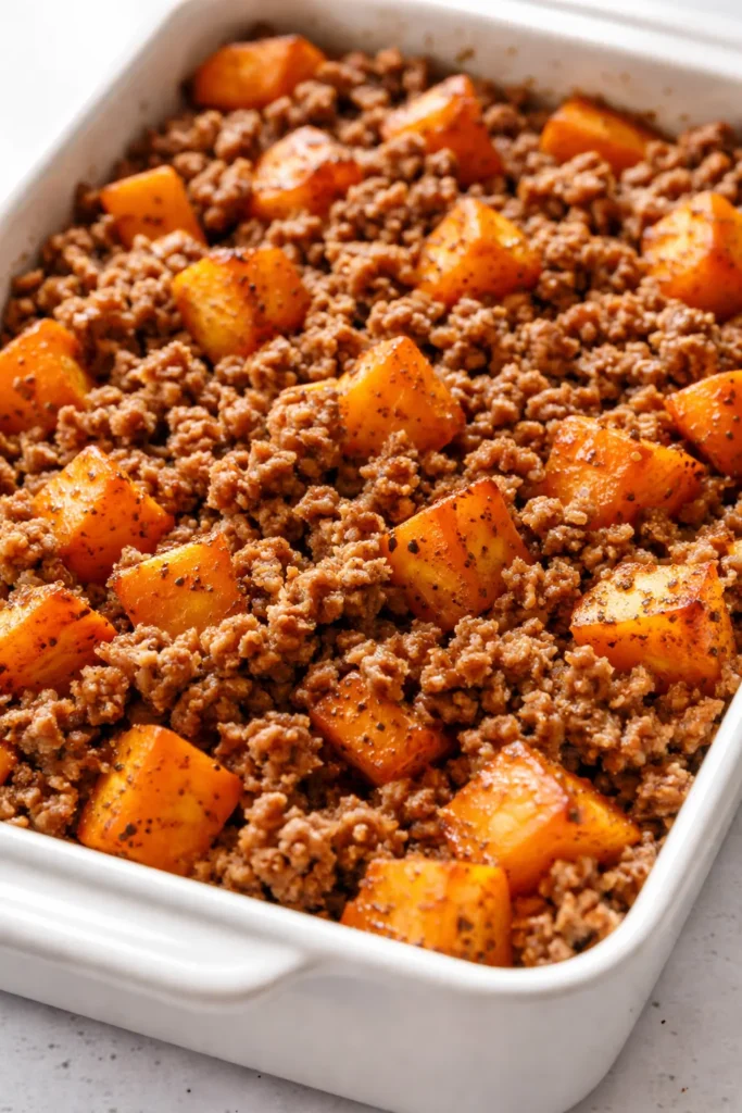 Healthy ground turkey sweet potato bake with golden brown edges, tender sweet potatoes and seasoned turkey crumbles on a ceramic baking dish.