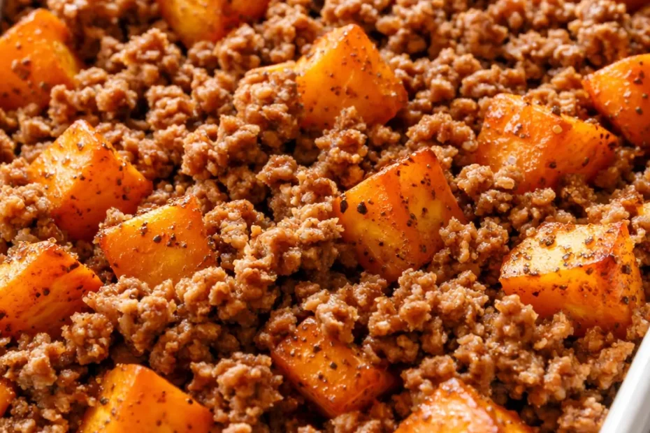 Healthy ground turkey sweet potato bake with golden brown edges, tender sweet potatoes and seasoned turkey crumbles on a ceramic baking dish.