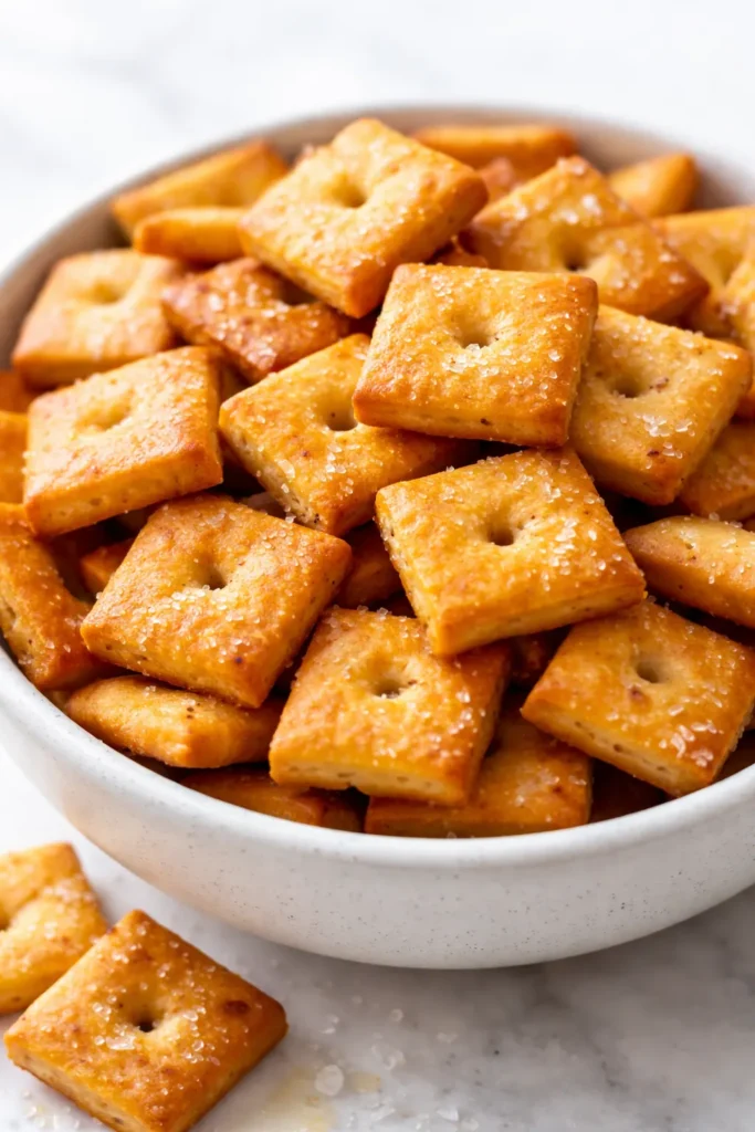 Golden brown homemade Cheez-Its crackers piled high, salty and crunchy, a healthy baked snack.