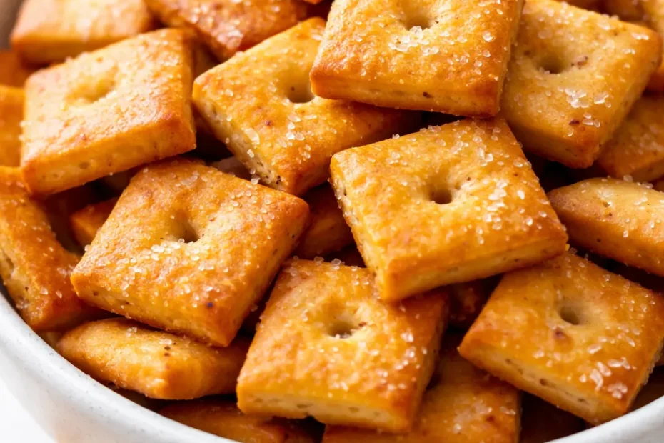 Golden brown homemade Cheez-Its crackers piled high, salty and crunchy, a healthy baked snack.