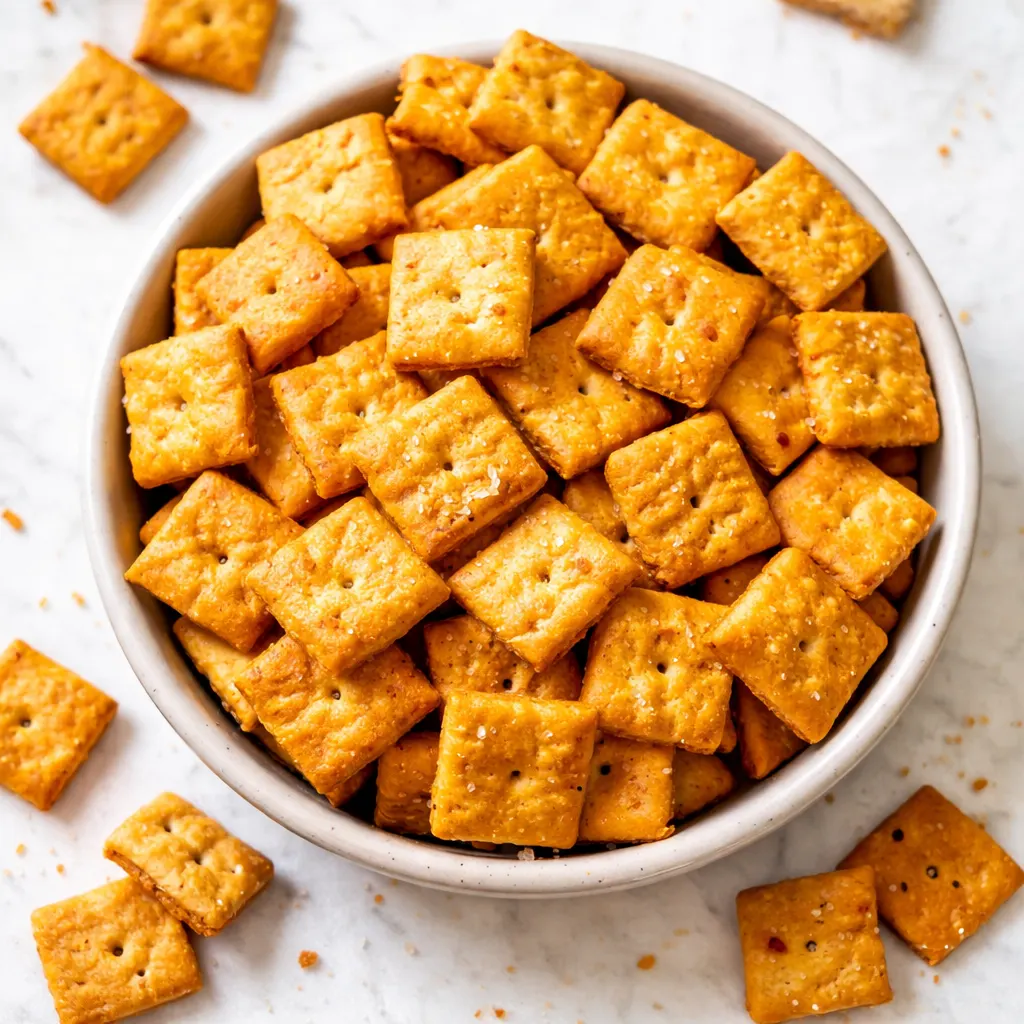 Golden brown crunchy homemade Cheez-Its on a baking sheet, lightly salted and crisp.