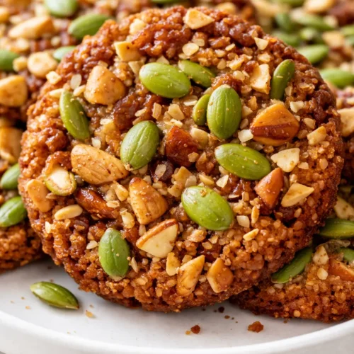 Stack of golden brown healthy nut and seed energy cookies with visible nuts and seeds, crisp edges and chewy center.