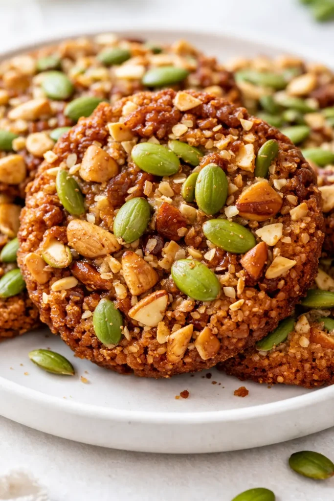 Stack of golden brown healthy nut and seed energy cookies with visible nuts and seeds, crisp edges and chewy center.