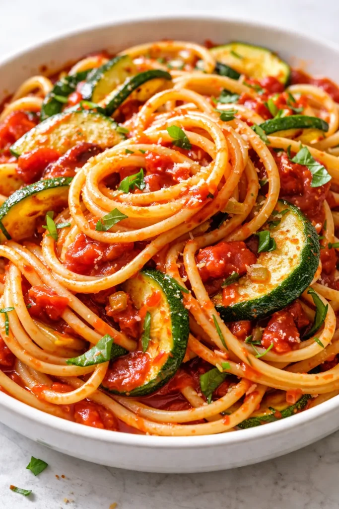 Bowl of healthy tomato zucchini pasta with vibrant red sauce, tender zucchini ribbons, and al dente spaghetti, garnished with fresh basil.