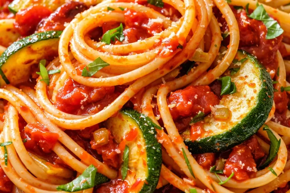 Bowl of healthy tomato zucchini pasta with vibrant red sauce, tender zucchini ribbons, and al dente spaghetti, garnished with fresh basil.