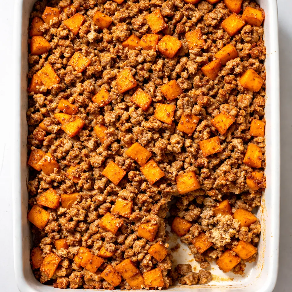 Browning lean ground turkey with diced onions in a skillet for a healthy ground turkey sweet potato bake.