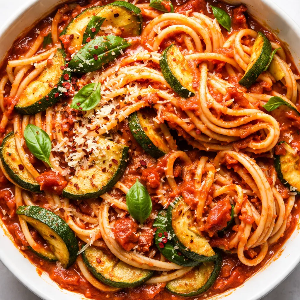 Healthy tomato zucchini pasta under 400 calories, with zucchini ribbons, cherry tomatoes, basil, and Parmesan in a white bowl.