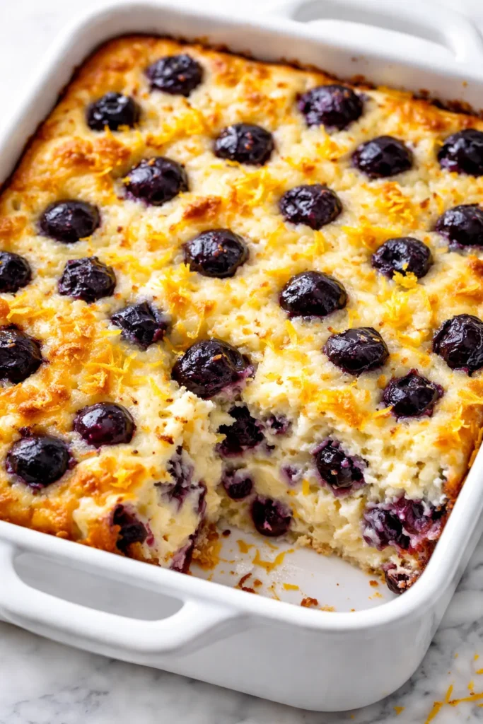 Golden-brown high protein blueberry cottage cheese bake with juicy blueberries and creamy cottage cheese, served warm in a baking dish.