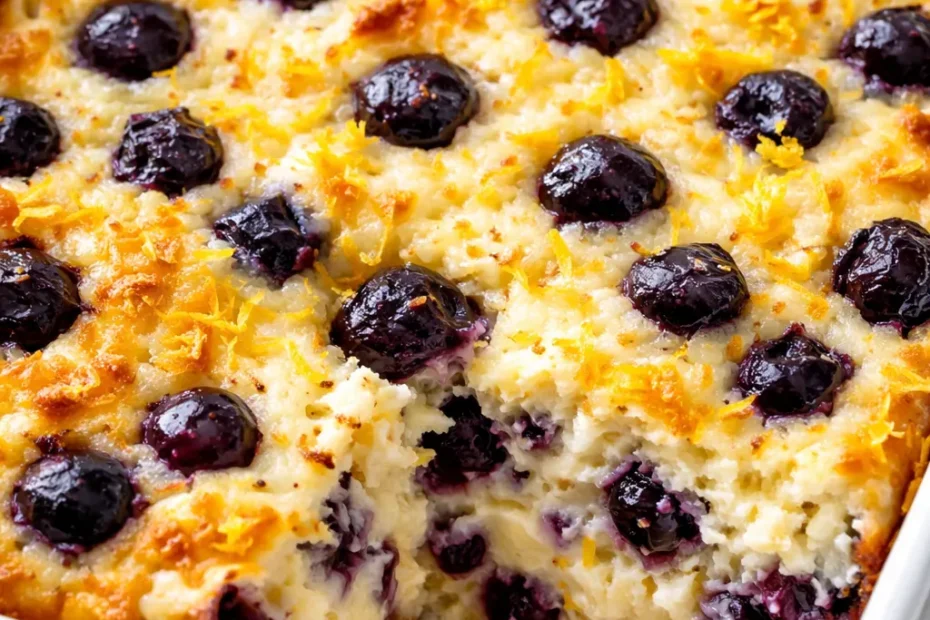 Golden-brown high protein blueberry cottage cheese bake with juicy blueberries and creamy cottage cheese, served warm in a baking dish.