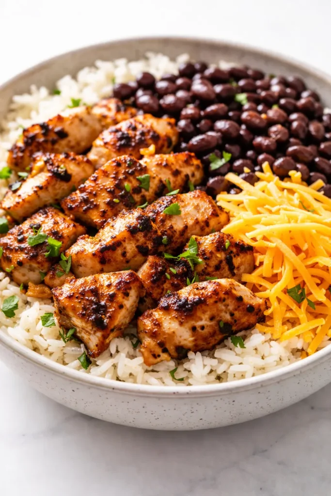High protein chicken burrito bowl with seasoned chicken, black beans, cilantro lime rice, avocado, and salsa, showing vibrant colors and hearty texture.