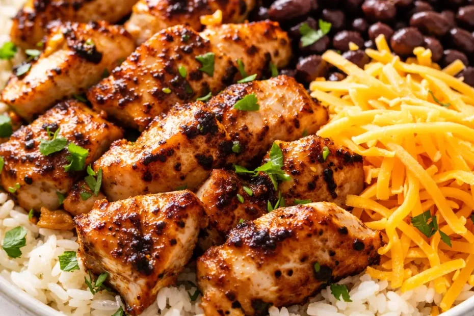 High protein chicken burrito bowl with seasoned chicken, black beans, cilantro lime rice, avocado, and salsa, showing vibrant colors and hearty texture.
