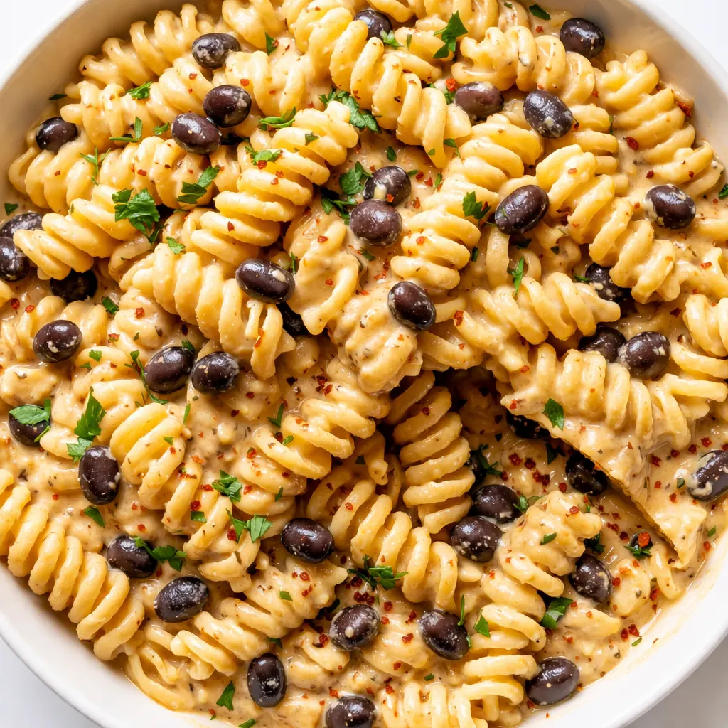 Creamy high protein taco pasta with ground turkey and cheese in a skillet, ready in 30 minutes.