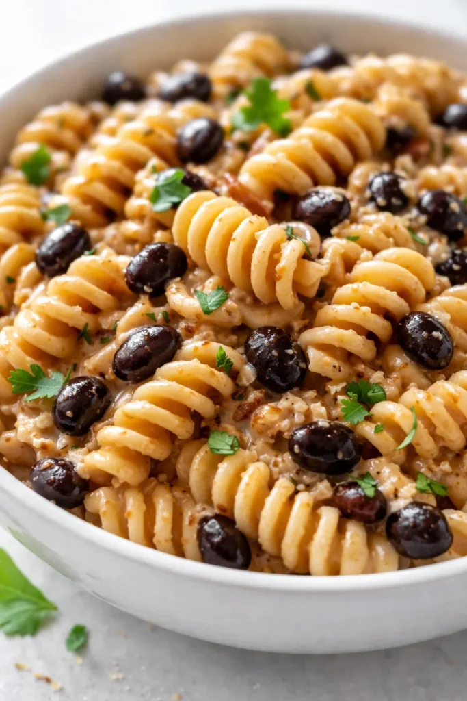 High protein taco pasta with creamy sauce, seasoned ground beef, melted cheese, and taco toppings in a bowl.