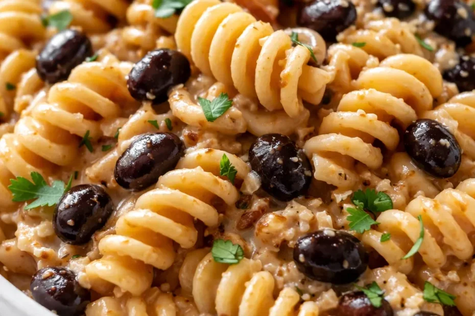 High protein taco pasta with creamy sauce, seasoned ground beef, melted cheese, and taco toppings in a bowl.