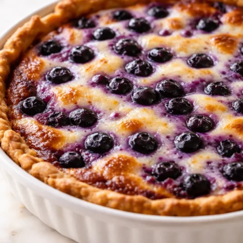 Homemade blueberry custard pie with a golden flaky crust, sliced to reveal creamy vanilla custard and whole juicy blueberries in a deep purple filling.