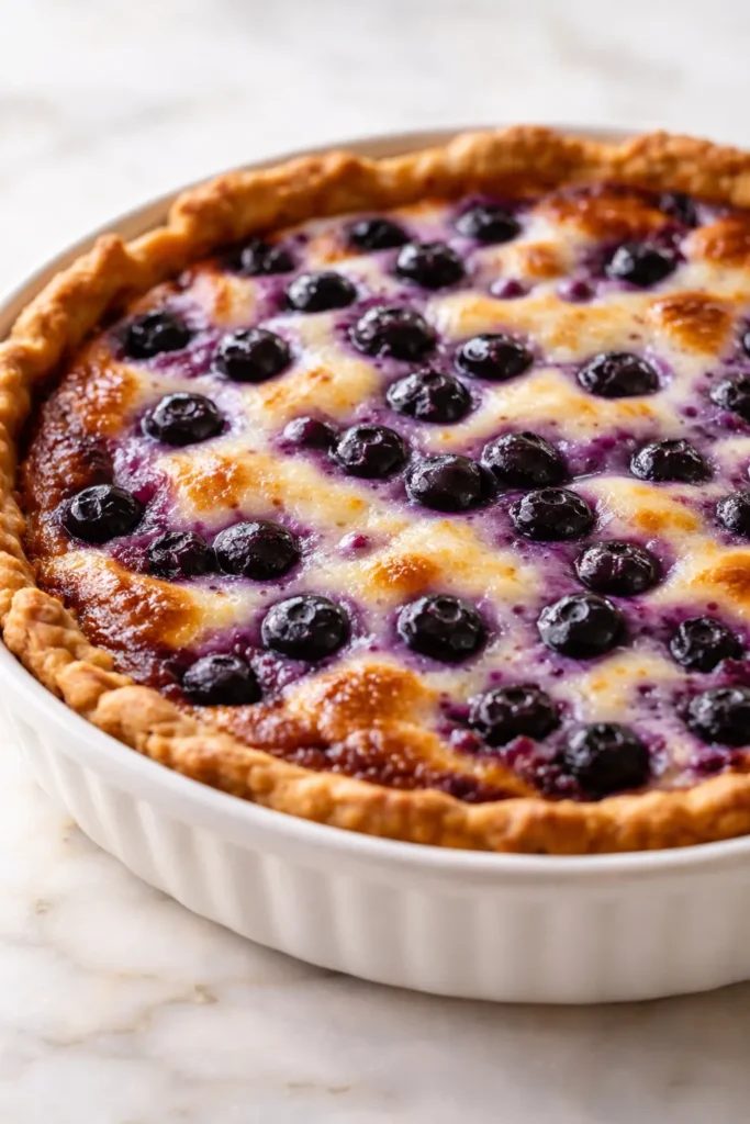 Homemade blueberry custard pie with a golden flaky crust, sliced to reveal creamy vanilla custard and whole juicy blueberries in a deep purple filling.