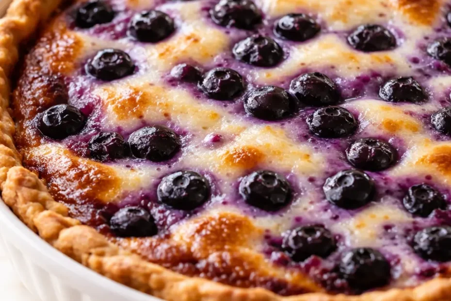 Homemade blueberry custard pie with a golden flaky crust, sliced to reveal creamy vanilla custard and whole juicy blueberries in a deep purple filling.