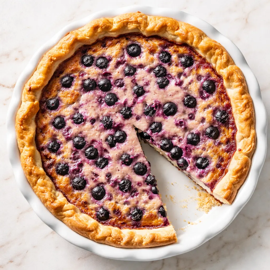 Fresh blueberries nestled in a flaky pie crust as a creamy vanilla custard is poured over them, filling the pan for a homemade blueberry custard pie.