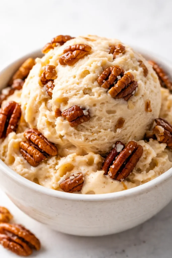 Rich and creamy homemade butter pecan ice cream with golden toasted pecans, smooth custard base, and glossy finish.