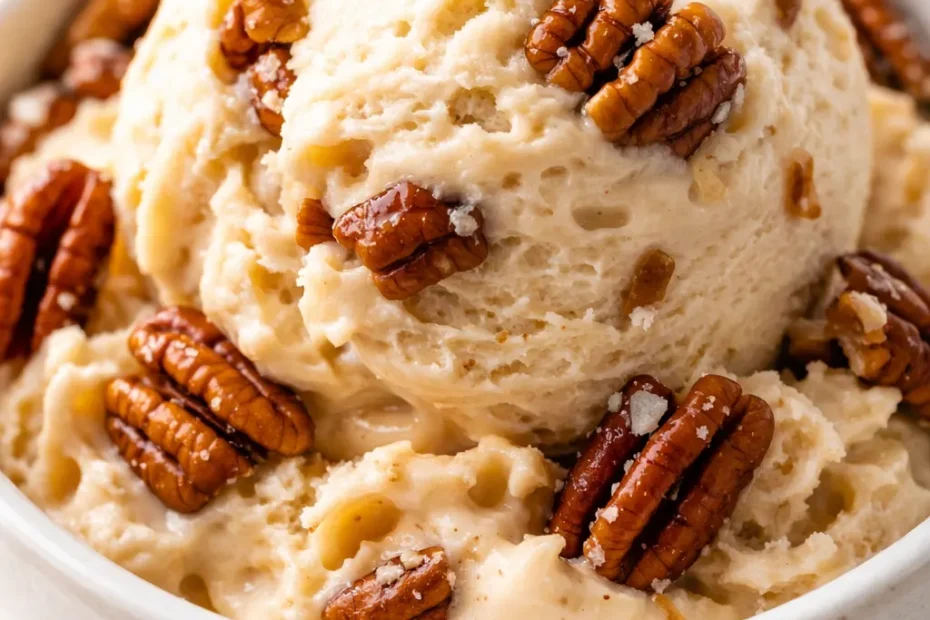 Rich and creamy homemade butter pecan ice cream with golden toasted pecans, smooth custard base, and glossy finish.