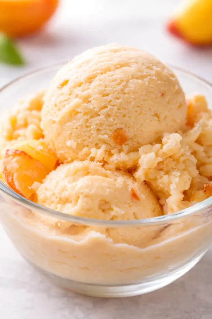 Smooth and creamy homemade peach ice cream with vibrant orange-peach color and no icy crystals, served in a chilled glass bowl.